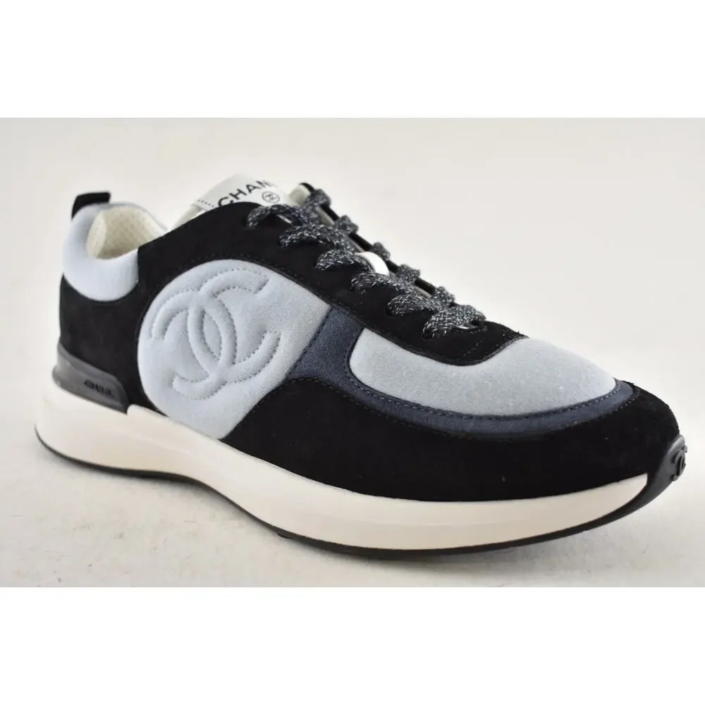 Chanel 22B Black Blue White CC Logo Suede Lace Up Flat Runner Trainer Sneaker 40